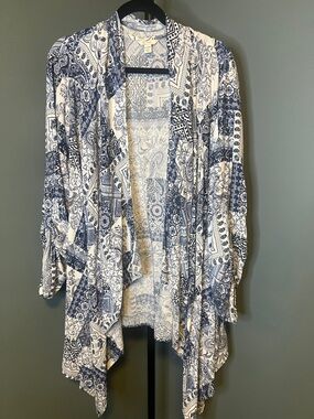 Cato Navy and White Patterned Open-Front Cardigan